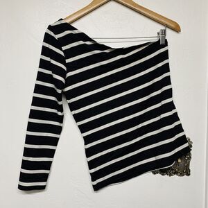 LUXXE® One Shoulder Fitted Top Navy Blue Stripe SIZE 2 Form Fitting Buttery Soft